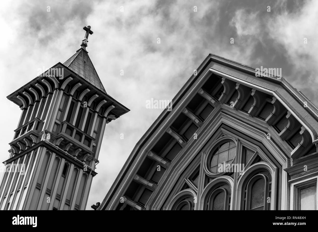 Architectural structure of the Chapel of St. Vincent De Paul, San Francisco, California, United States, in black and white. Stock Photo