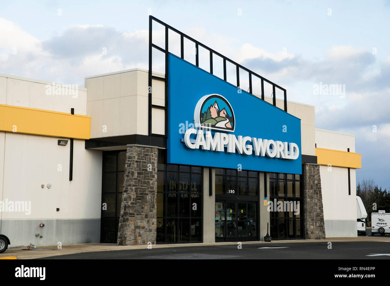 A logo sign outside of a Camping World retail store location in Winchester, Virginia on February 13, 2019. Stock Photo