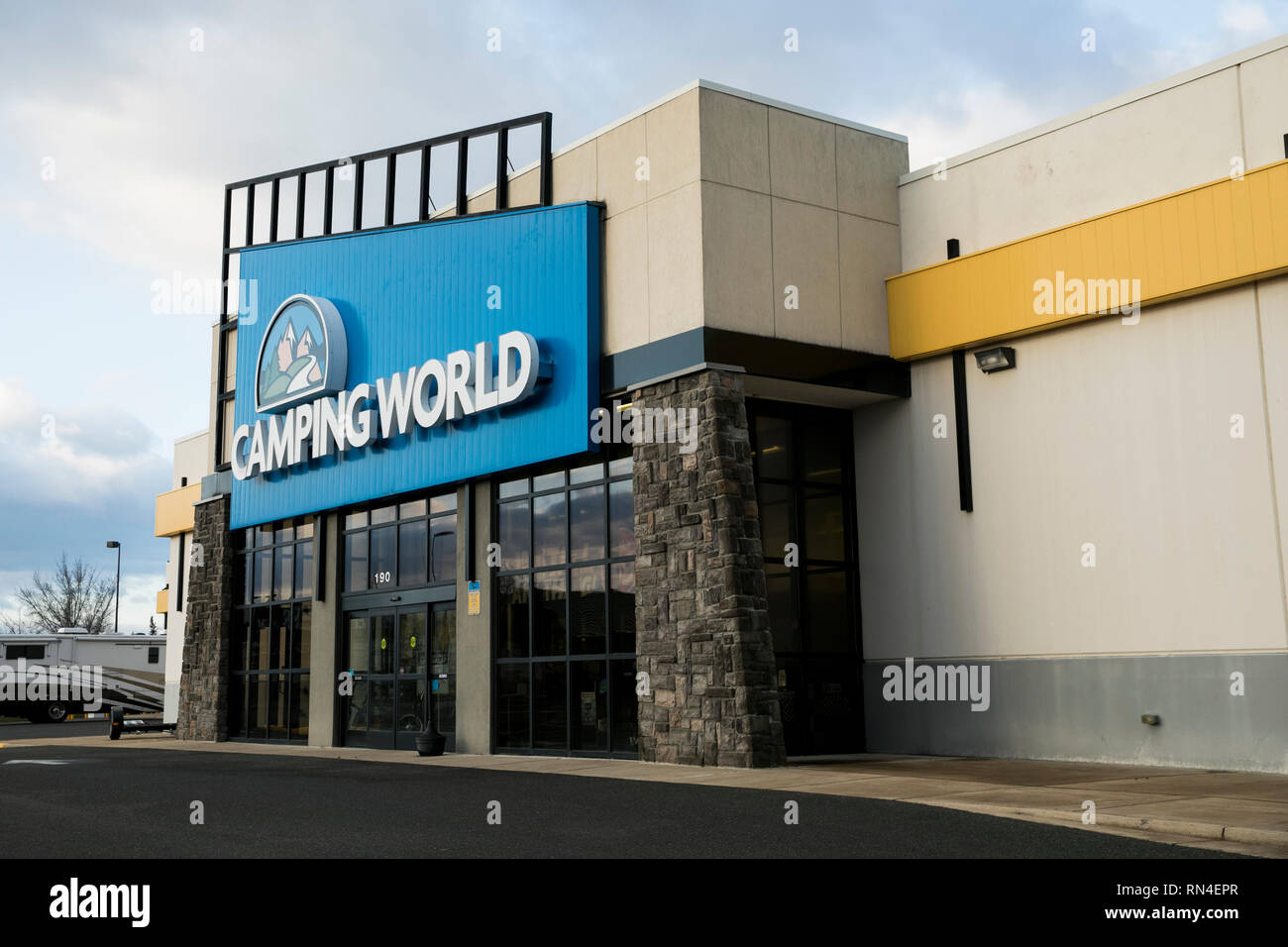 A logo sign outside of a Camping World retail store location in Winchester, Virginia on February 13, 2019. Stock Photo