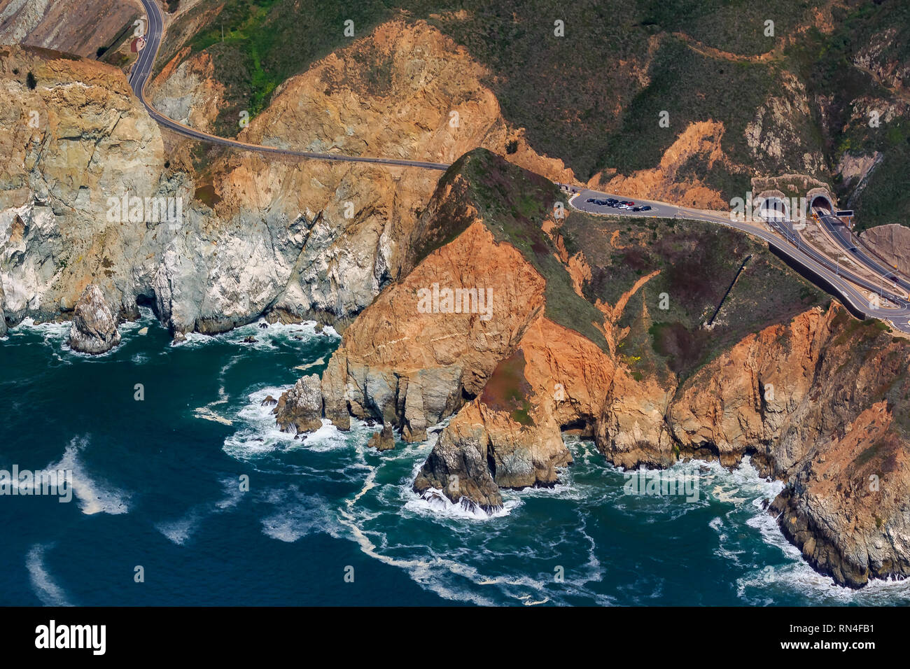 Rugged coastal cliffs by the Devil's Slide tunnel in San Mateo County, Northern California