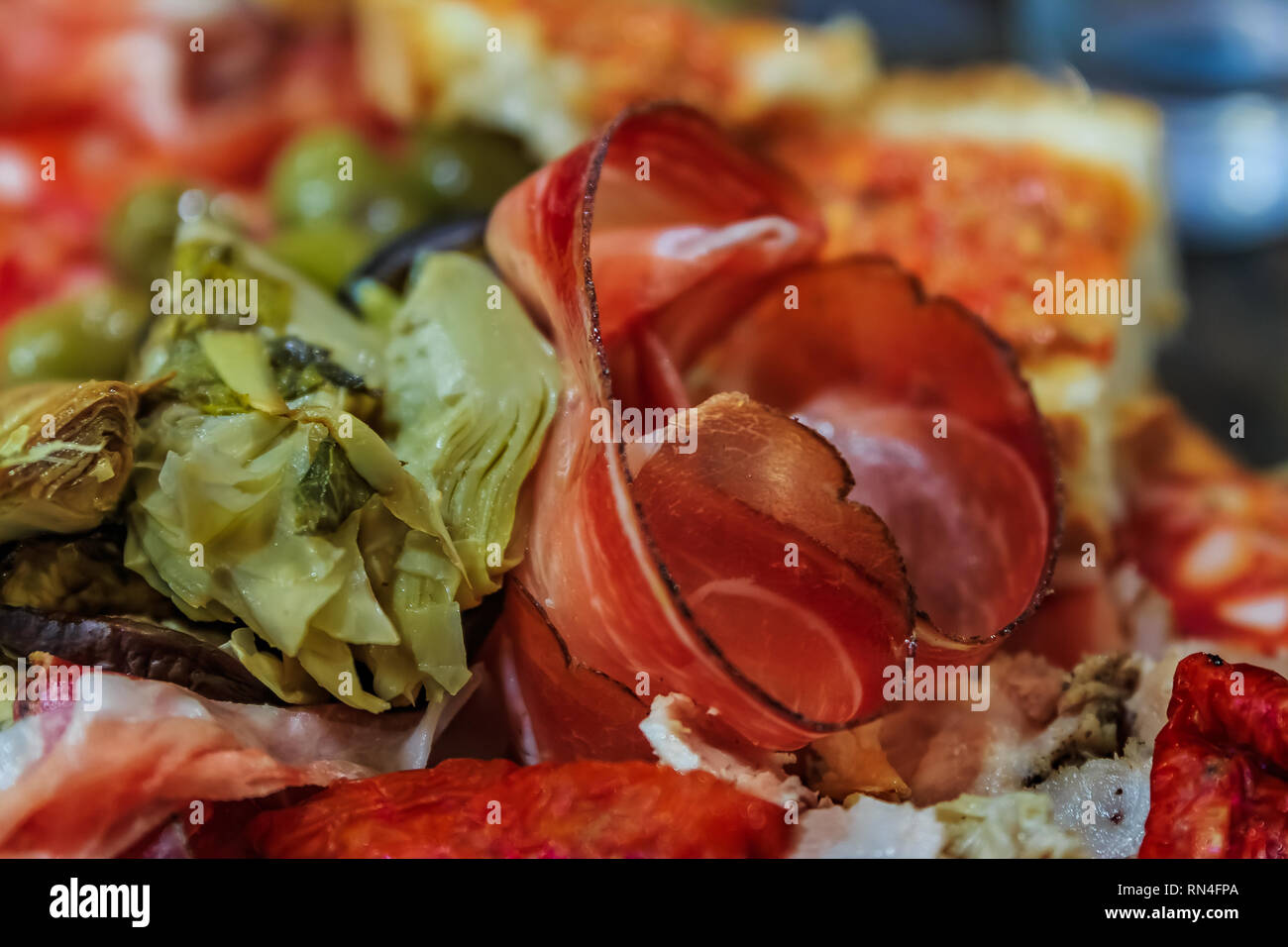 Antipasto platter with cured meats like prosciutto, salami, soppressata