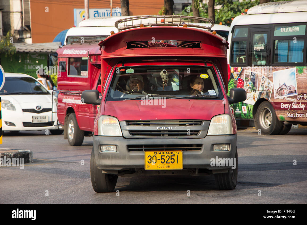 Chiangmai, Thailand February 16 2019 Red Mini Truck Taxi Chiangmai