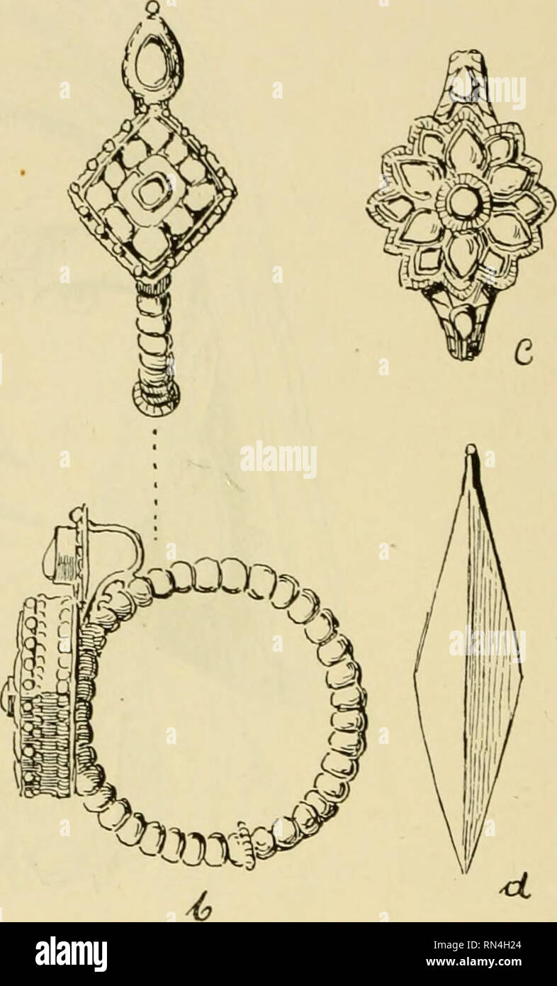 . Annalen des Naturhistorischen Museums in Wien. Naturhistorisches Museum (Austria); Natural history. Fig. 51. Schmuckgegenstände aus Sikkim. i7 Weiblicher Ohrring, b mamiliclier Ohrring, c Fingerring, d männlicher Ohrrni^ erhalten dadurch eine abschreckend hassliche graue Farbe, über welche überdies noch verschiedene Abzeichen mit Farbe gemalt werden. Weit bescheidener tritt die Malerei bei den Frauen auf, gewöhnlich beschränkt sich diese auf einen kleinen kreisrunden rothen Fleck mitten auf der Stirne. Nur in Tritschinapali und Madura, sowie in Madras sah ich Madchen, welche ihr Gesicht mit  Stock Photo