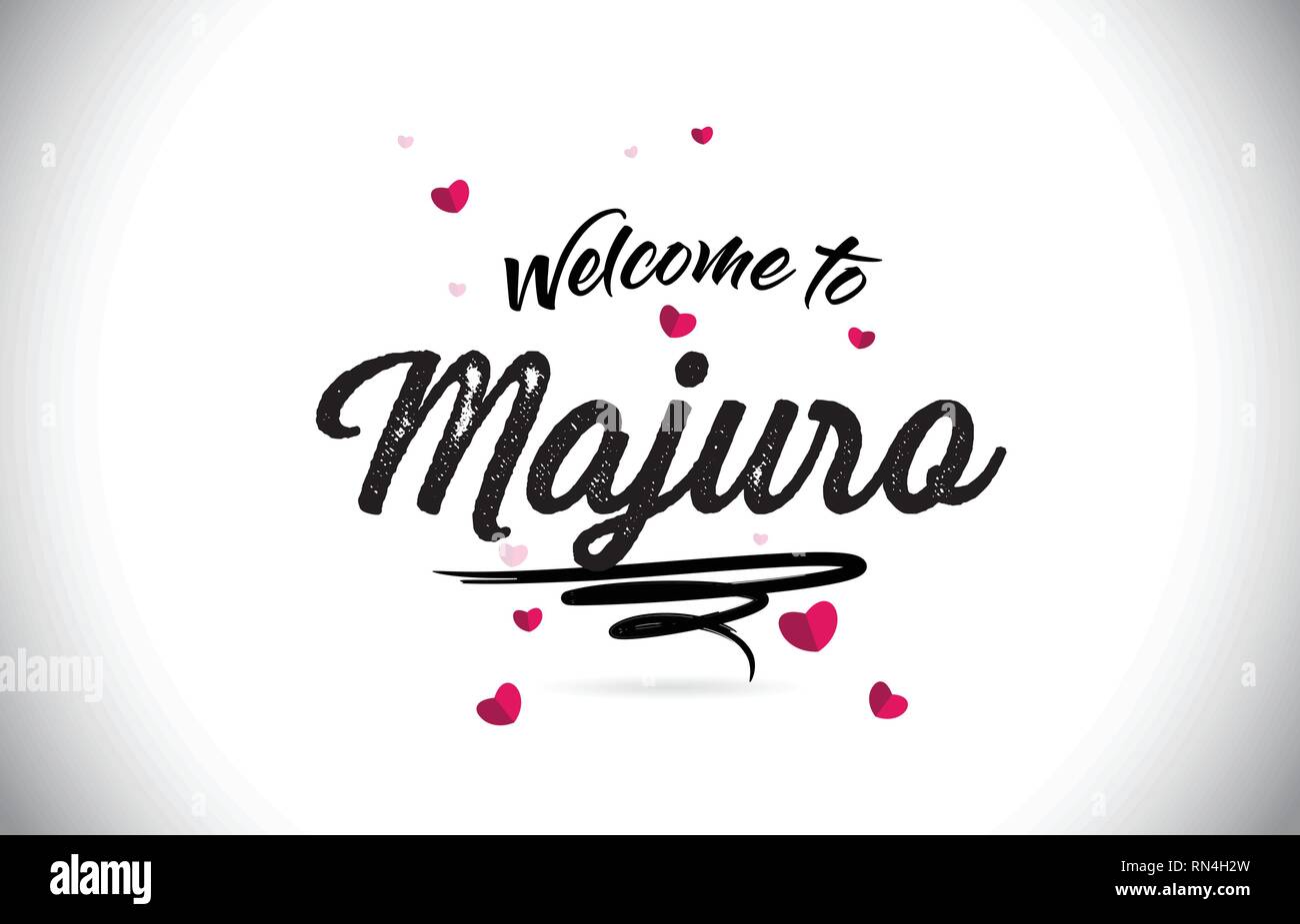 Majuro Welcome To Word Text with Handwritten Font and Pink Heart Shape Design Vector Illustration. Stock Vector