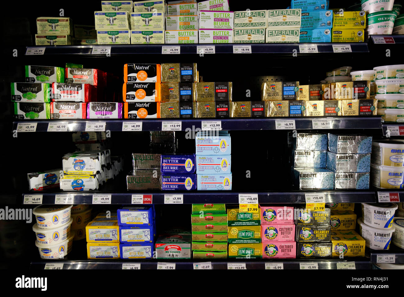 Butter selection in a Canadian grocery store Stock Photo