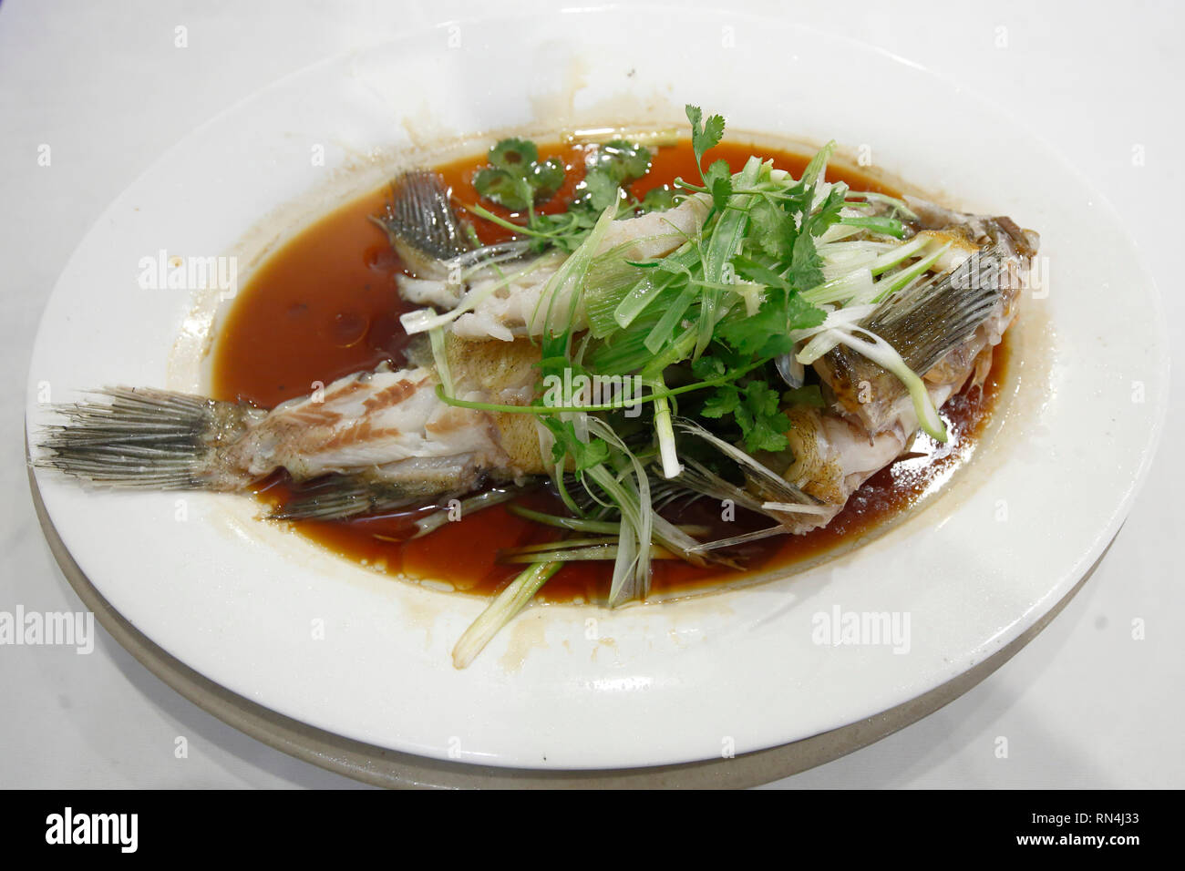 Steamed whole rock cod in soy sauce with green onions at Sun Sui Wah Seafood Restaurant, Vancouver, British Columbia, Canada Stock Photo
