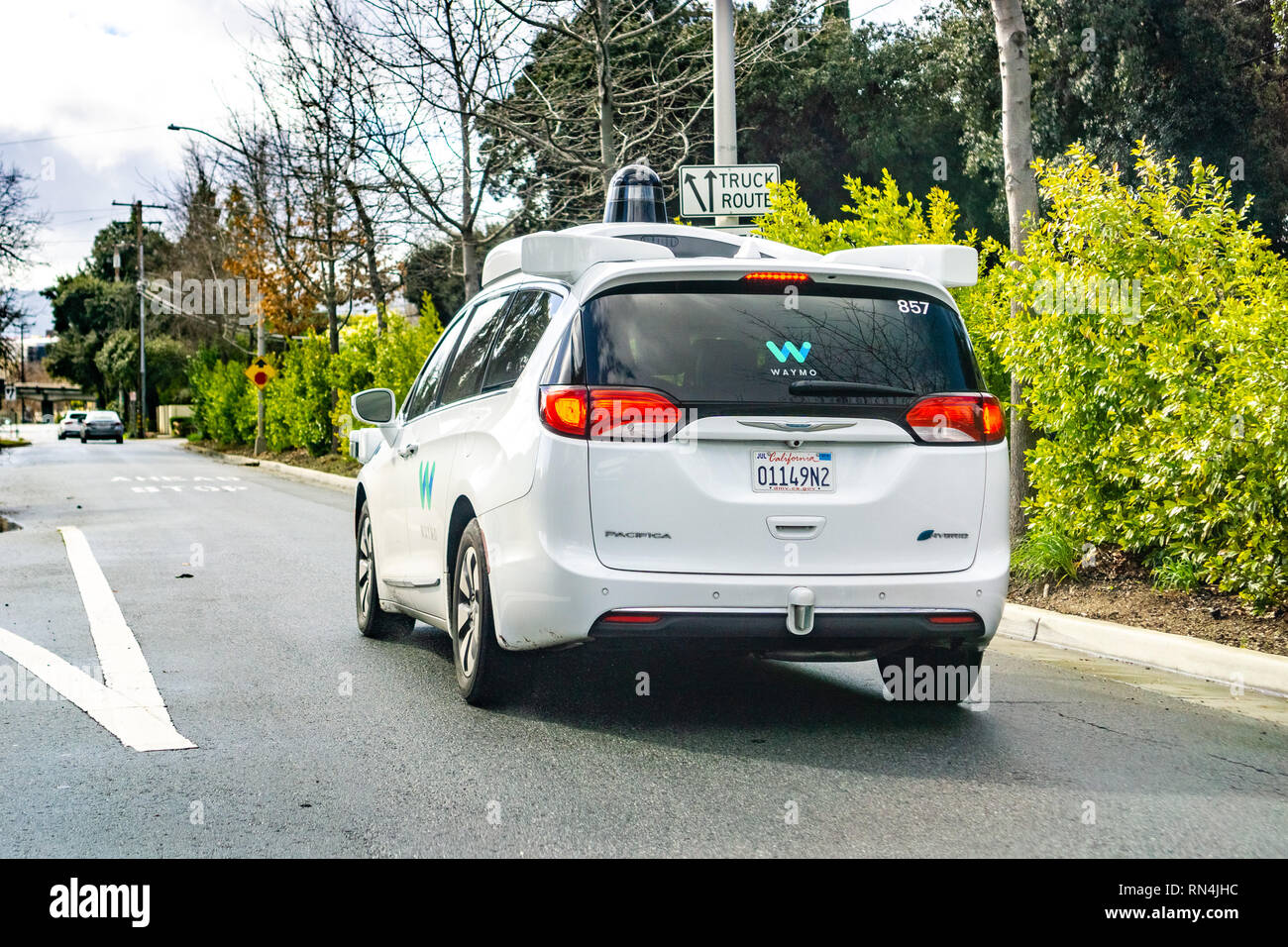 February 16, 2019 Mountain View / CA / USA - Waymo self driving car performing tests on a street near Google's headquarters, Silicon Valley Stock Photo