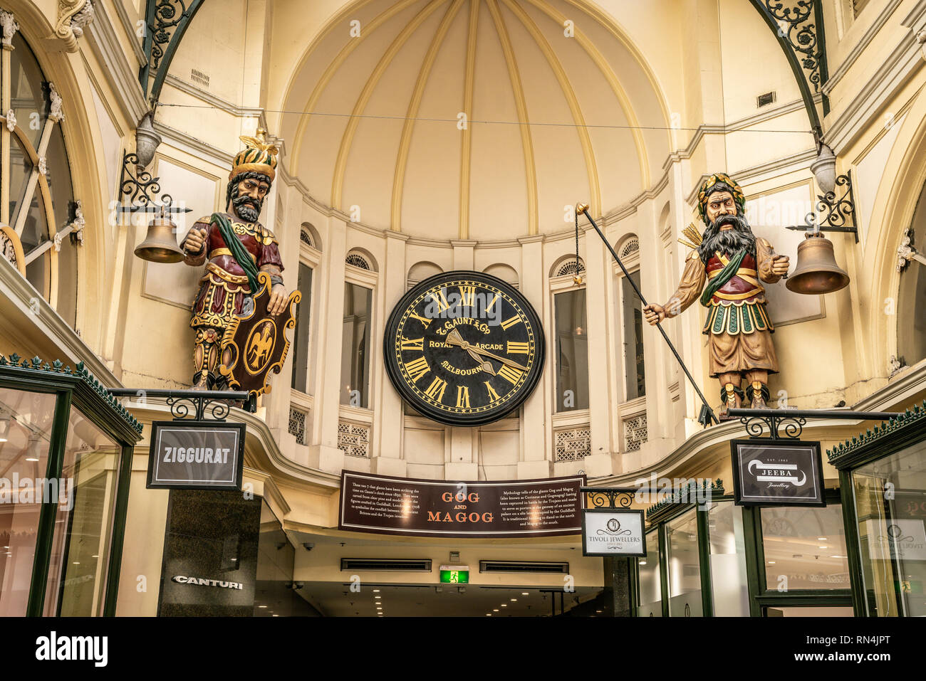 3rd January 2019, Melbourne Australia : Close-up view of Gog and Magog and Gaunt's clock at the Royal Arcade in Melbourne Victoria Australia Stock Photo