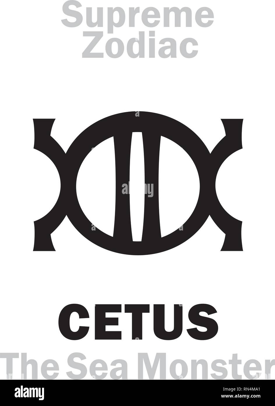 Astrology Alphabet: CETUS (The Sea Monster), constellation Cetus («The Chaos»). Sign of Supreme Zodiac (External circle). Hieroglyphic character sign. Stock Vector