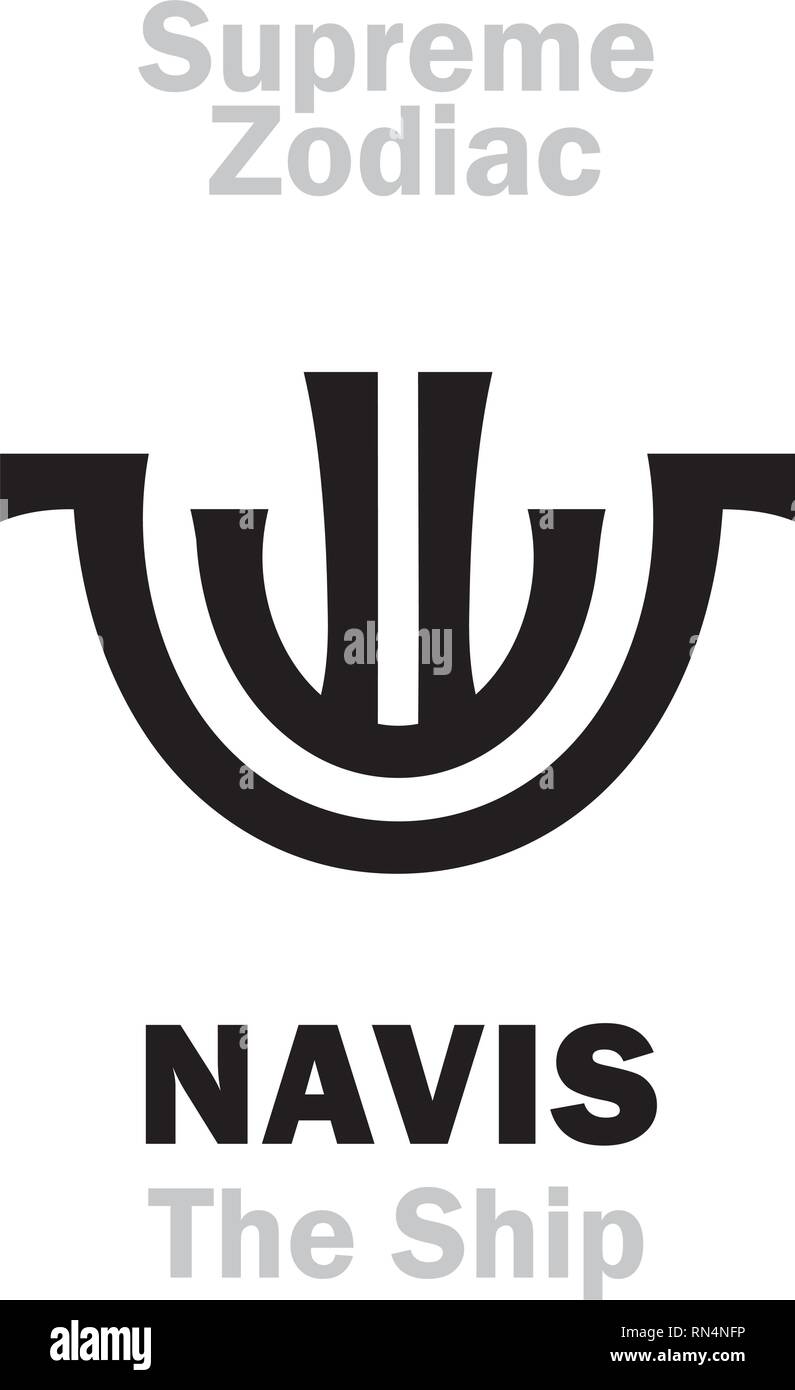 Astrology Alphabet: NAVIS (The Ship, The Boat / The Celestial Vessel), constellation Argo Navis. Sign of Supreme Zodiac (External circle). Hieroglyph. Stock Vector