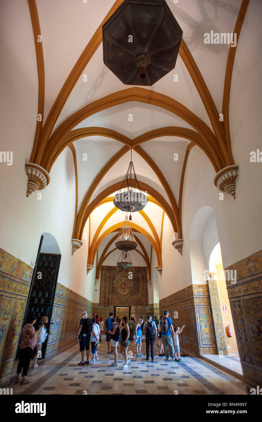 Inside the Sala de las Bóvedas (Vaults' room) in the Gothic Palace of the Alcazar of Seville, a royal palace built on the grounds of a Abbadid Muslim  Stock Photo