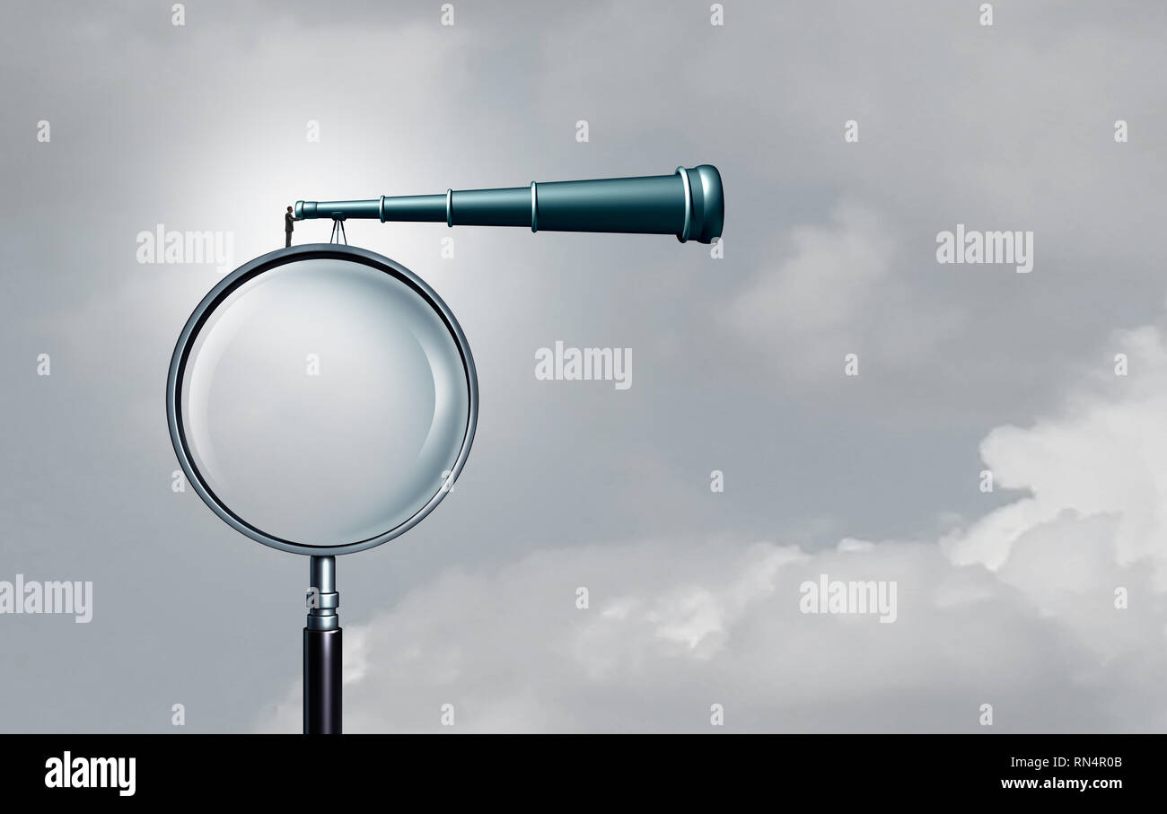 Long term outlook and business success forecasting seeking opportunity far away as a businessman on a magnifying glass looking through a telescope. Stock Photo