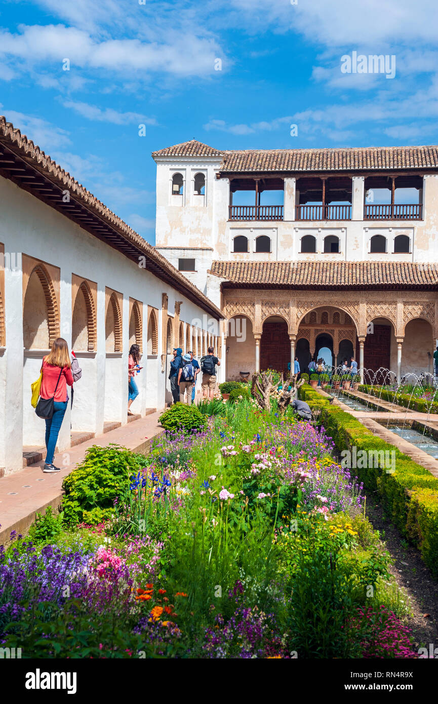 The gardens in the Generalife or summer palace at the Alhambra, a 13th century Moorish palace complex in Granada, Spain. Built on Roman ruins, the Alh Stock Photo