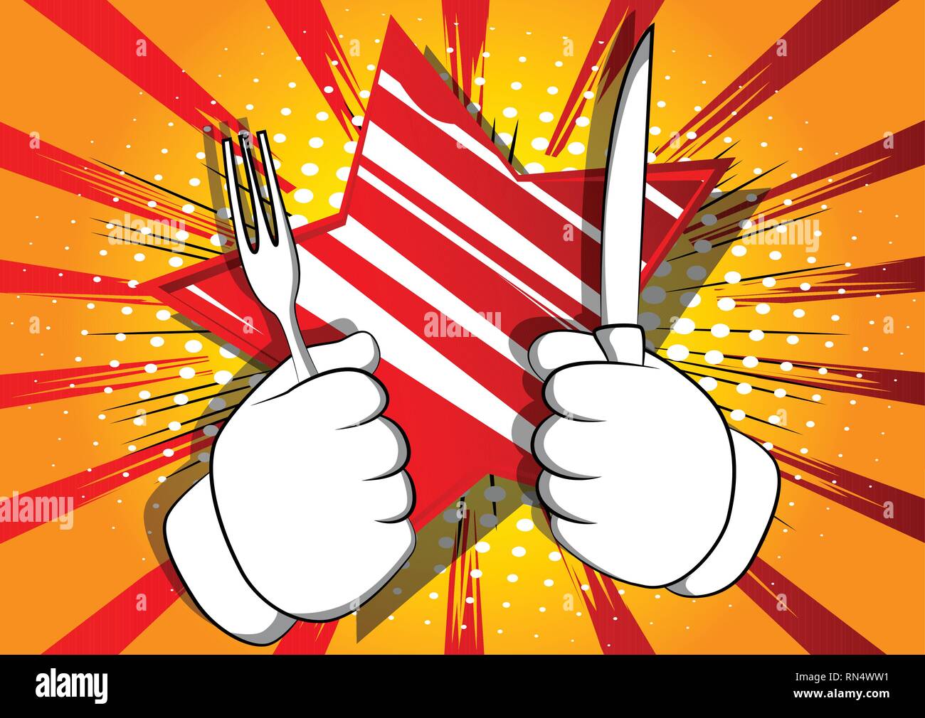 Vector cartoon hand holding up a knife and fork. Illustrated hand