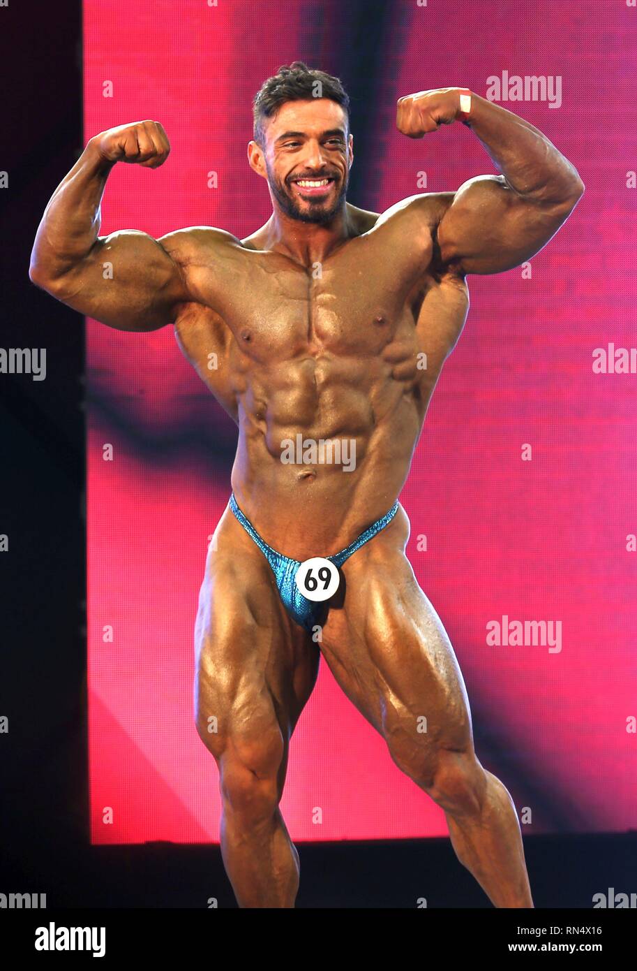 Kathmandu, Nepal. 16th Feb, 2019. A bodybuilder poses during the Qualify  round of International Federation of BodyBuilding & Fitness (IFBB)  Professional League competition in Kathmandu. Nepal host the first ever Pro  Qualifier