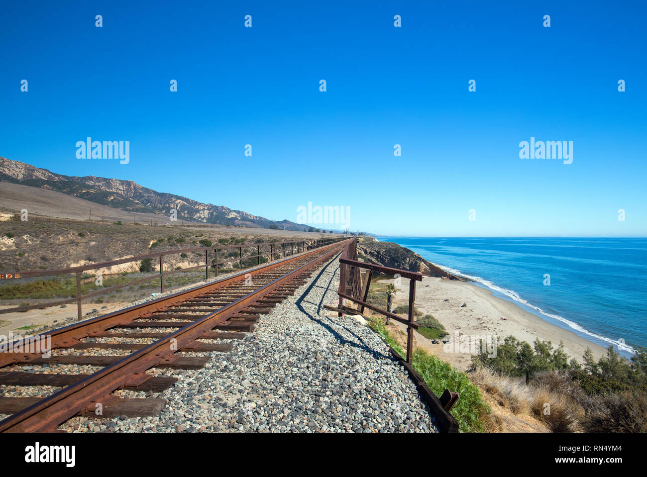 Railroad tracks over bridge at Gaviota Beach on the central coast of