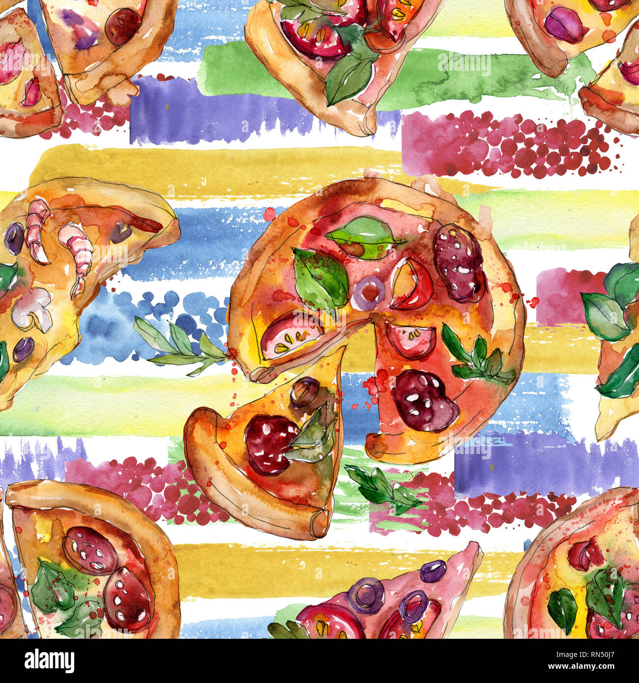Fast food itallian pizza in a watercolor style isolated set