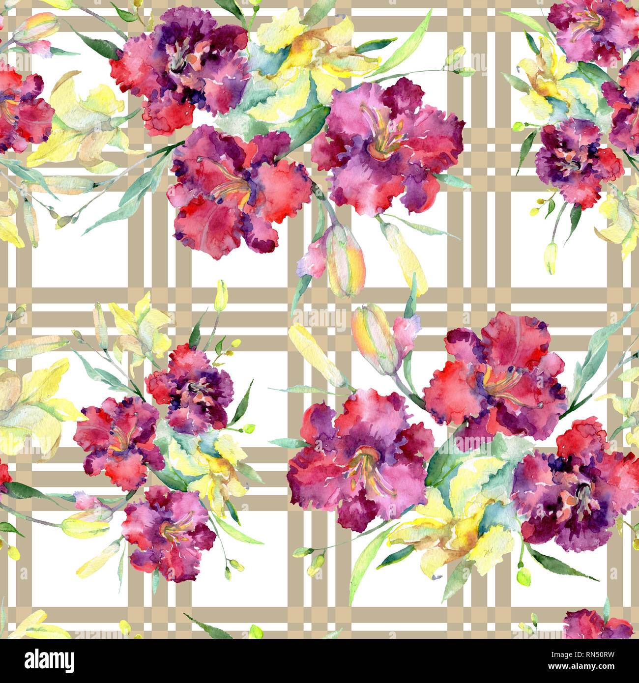 Bouquet of yellow and maroon lilies flower. Watercolor background illustration set. Seamless background pattern. Stock Photo