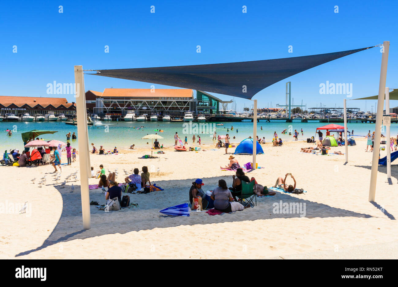 The popular shade covered family friendly beach at Sorrento Quay, Hillarys Boat Harbour, Hillarys, Western Australia Stock Photo