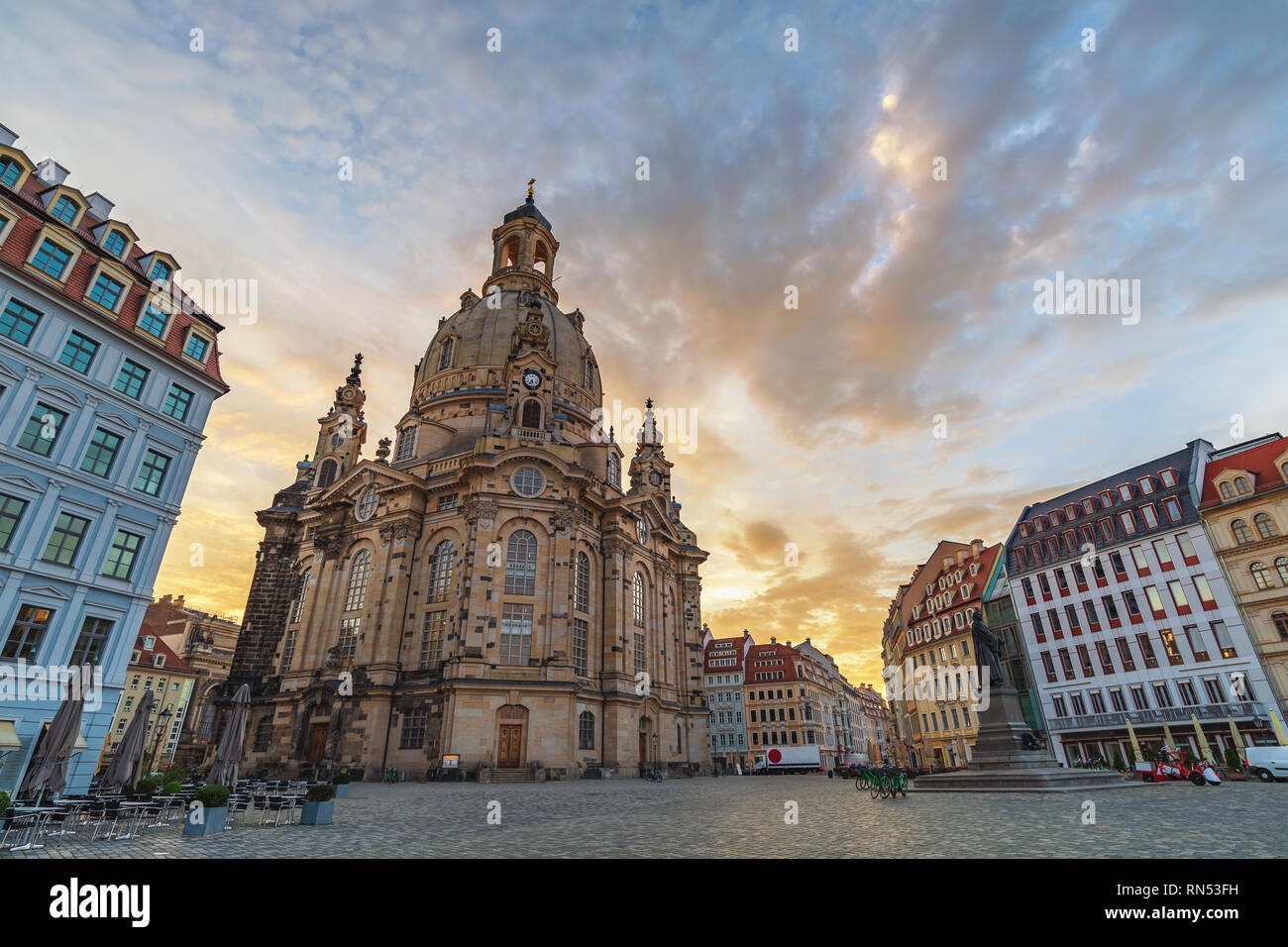 Dresden Germany, sunrise city skyline at Frauenkirche Church Stock Photo