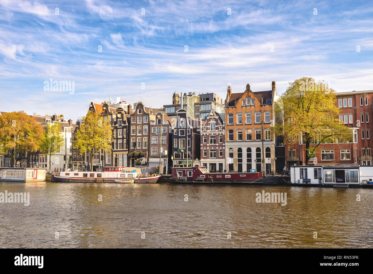 Amsterdam Netherlands, city skyline Dutch house at canal waterfront Stock Photo
