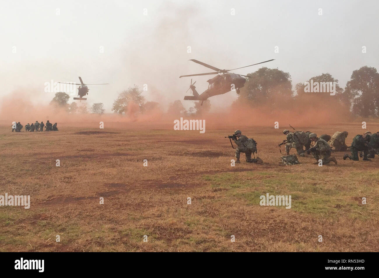 Soldiers with 5th Battalion, 20th Infantry Regiment, secure a landing zone with their Royal Thai Army counterparts as Sikorsky UH-60 Black Hawks move to the next lift location at Phitsanulok Province, Thailand, Feb. 12, 2019. This was part of Cobra Gold 19, an exercise designed to advance regional security and ensure effective responses to regional crises by bringing together a robust multinational force to address shared goals and security commitments in the Indo-Pacific. (Photo courtesy of U.S. Army) Stock Photo