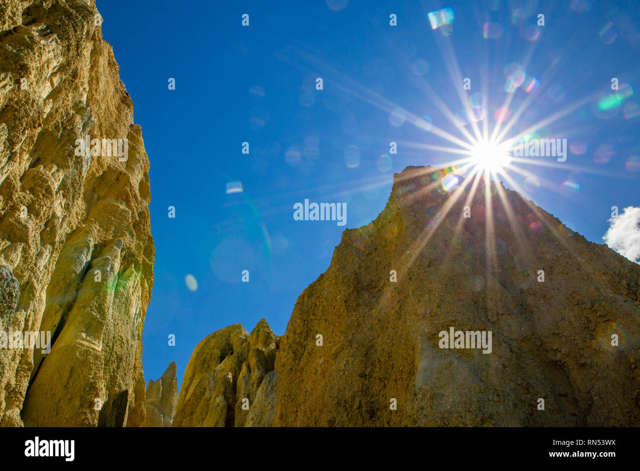 Looking up at the Clay Cliffs from the walking track in Omarama, New Zealand Stock Photo