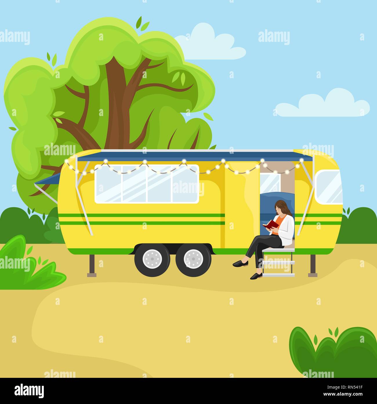 Retro house on wheels for traveling. Car travel. Vector flat illustration. Motorhome in a forest