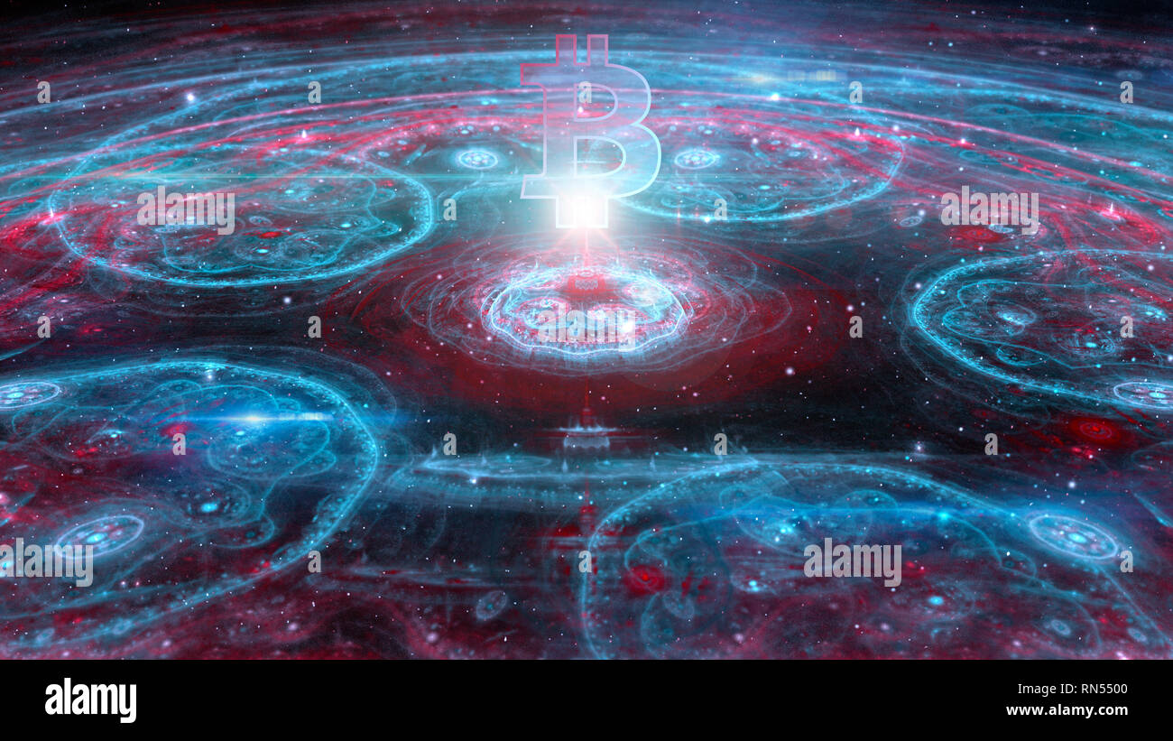 Abstract colorful 3D fractal illustration with bitcoin cryptocurrency  symbol in blue and violet color Stock Photo - Alamy