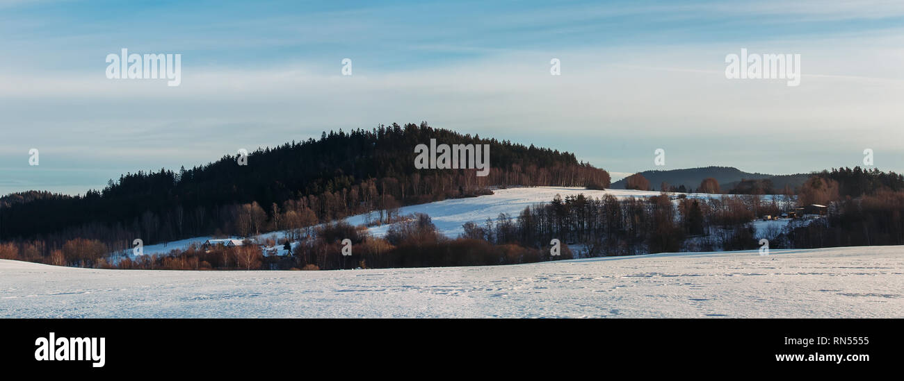 Nice panoramatic Czech winter landscape with trees Stock Photo