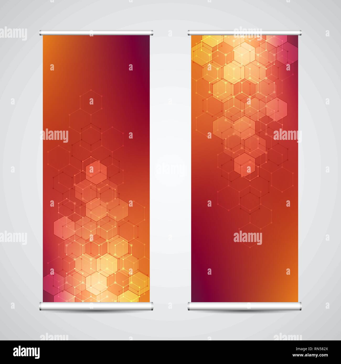Roll up banner stands with abstract geometric background of hexagons