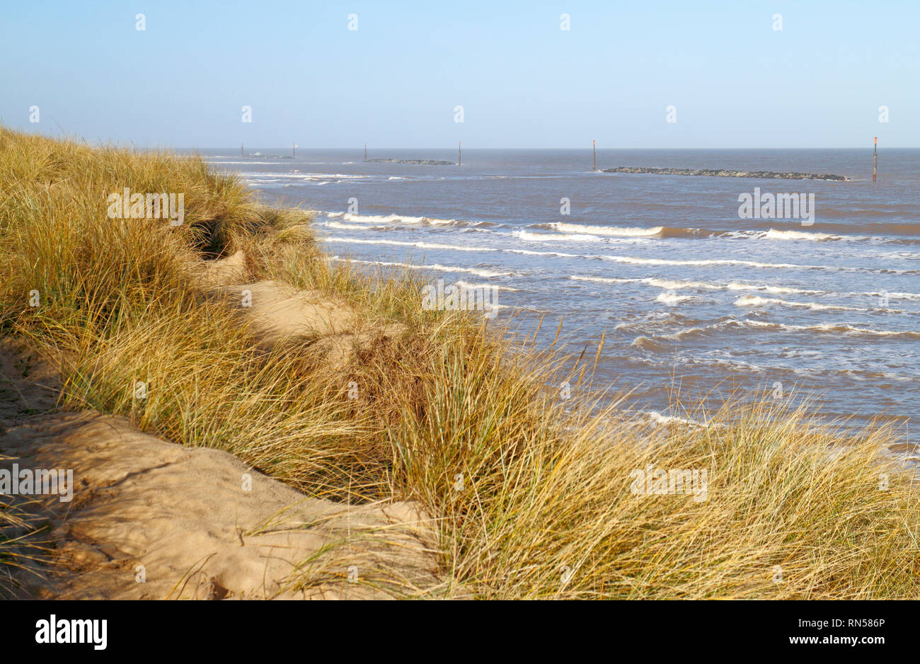 A view from the sand dunes over the beach to the sea on the Norfolk ...