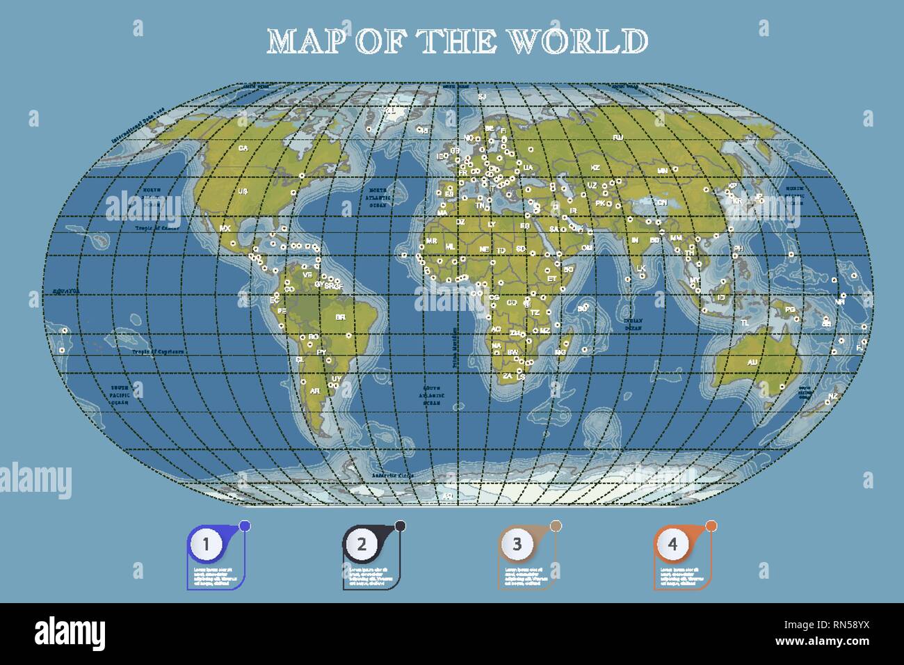 Color physical vecror map of the World with outlines, major capitals, grid, infographic Stock