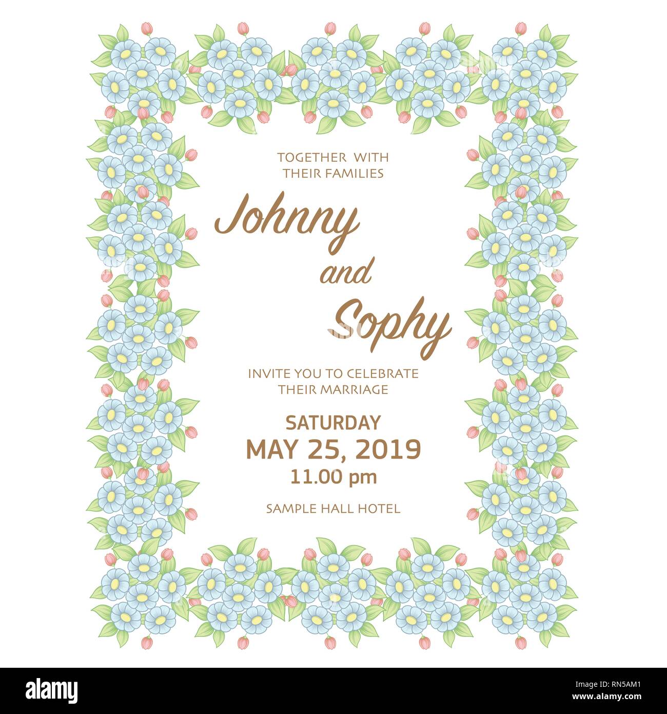 Pastel color daisies flower frame with invitation sample text Stock Vector
