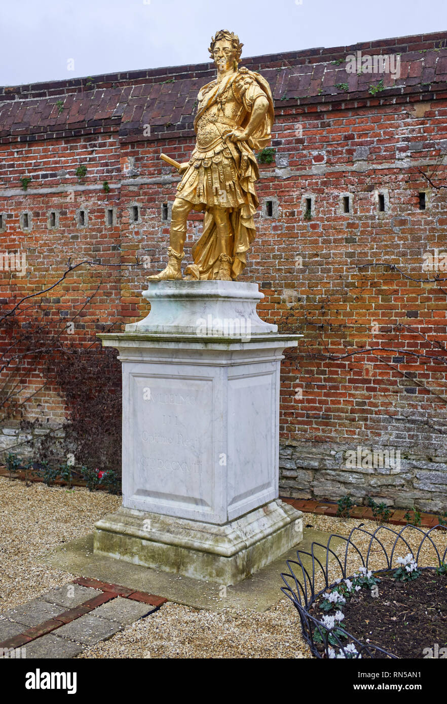 Golden statue of William of Orange depicted as a Roman Ceaser in the Porters Garden of Portsmouth dockyard Stock Photo