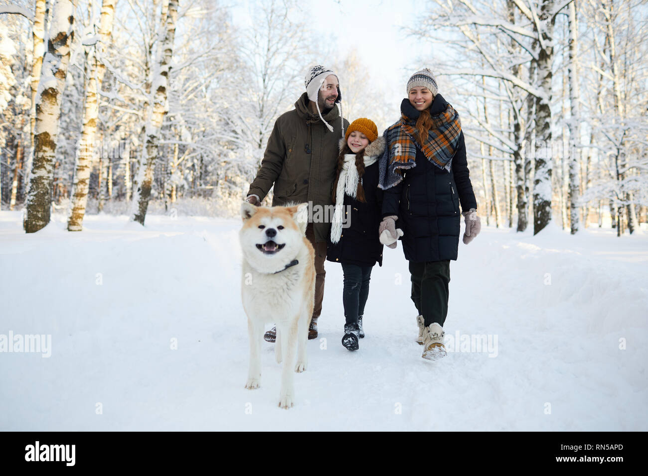 Family Walking Dog in Winter Stock Photo