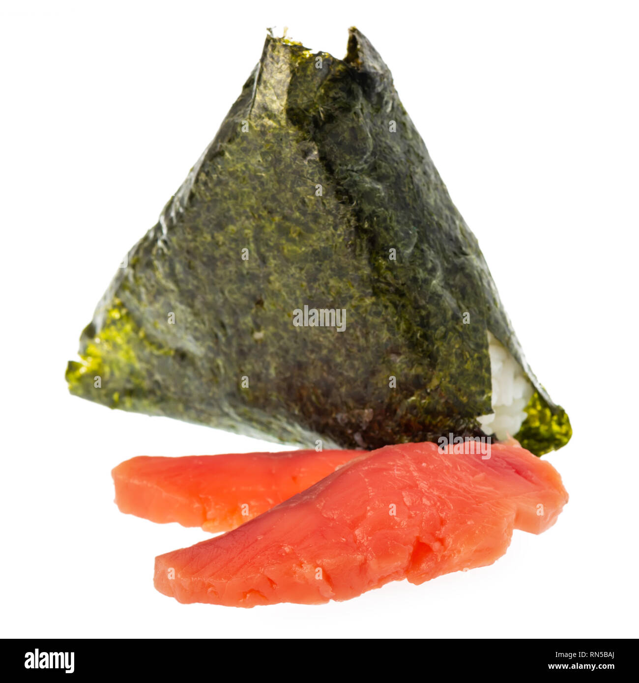 onigiri triangle sushi ball with rice wrapped nori seaweed and red fish