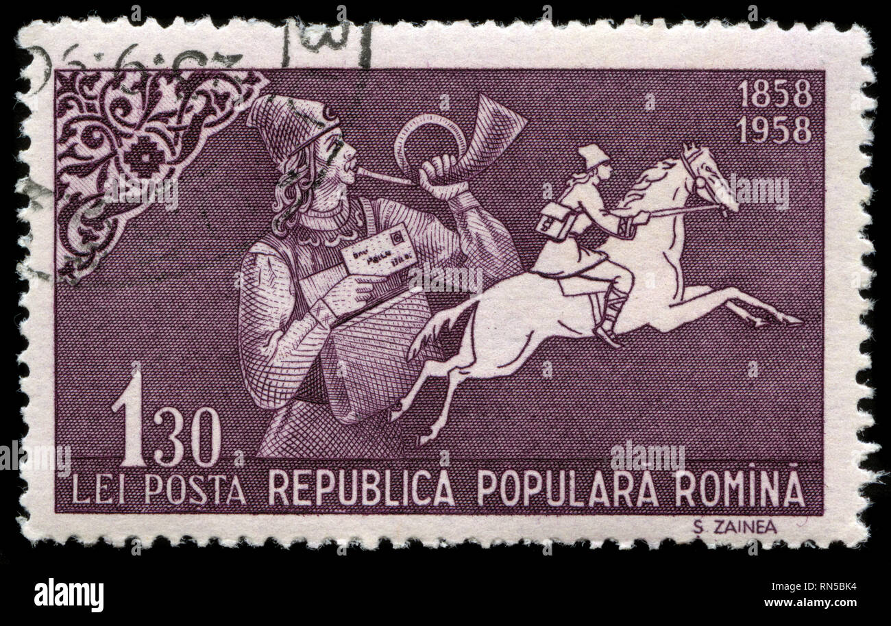 Postage stamp from Romania in the 100 Years of Romanian Stamps series issued in 1958 Stock Photo