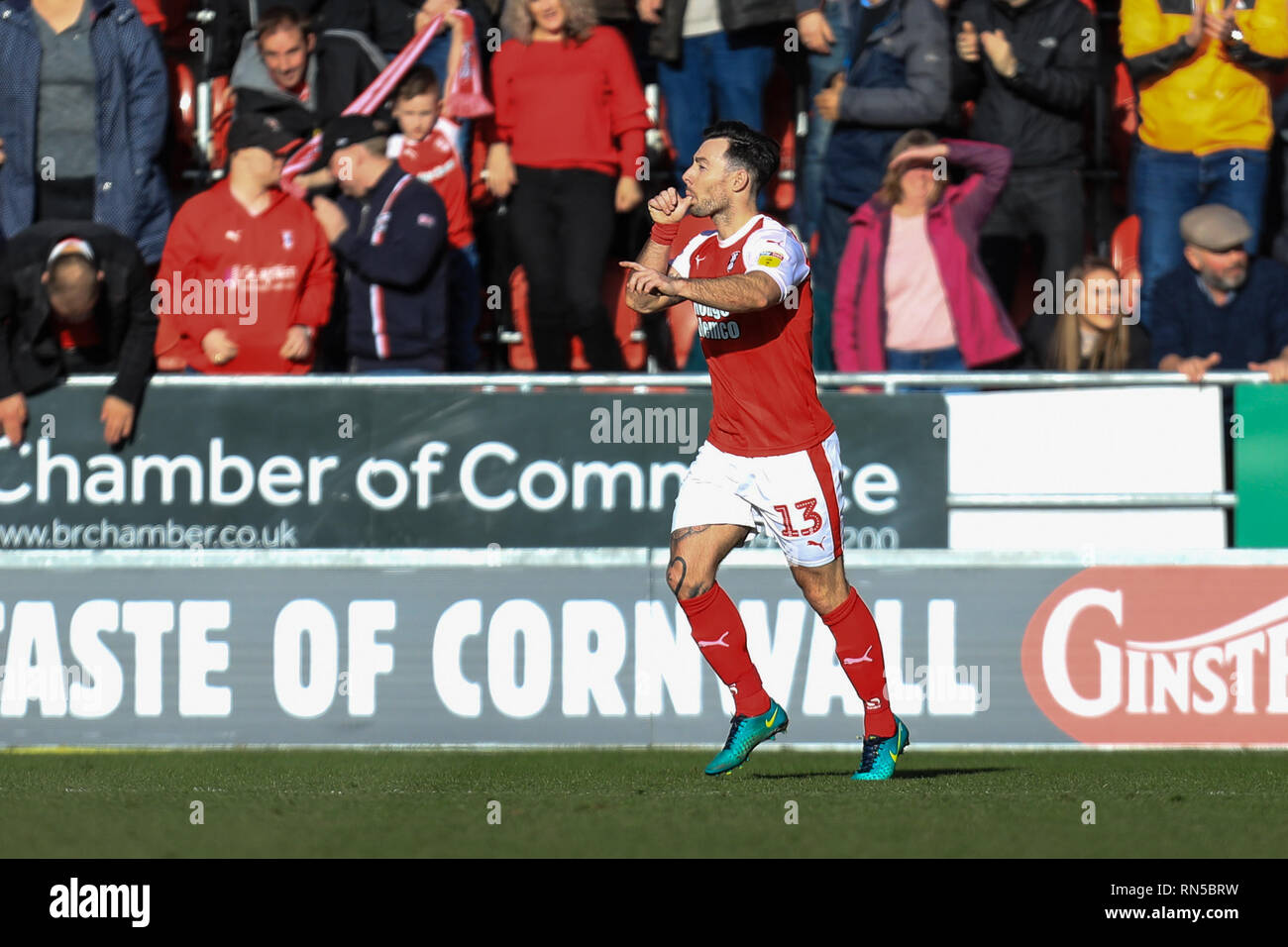 16th February 2019, New York Stadium, Rotherham, England; Sky Bet Championship Rotherham United vs Sheffield Wednesday ; Richie Towell (13) of Rotherham United celebrates his goal making it 2-1  Credit: John Hobson/News Images  English Football League images are subject to DataCo Licence Stock Photo