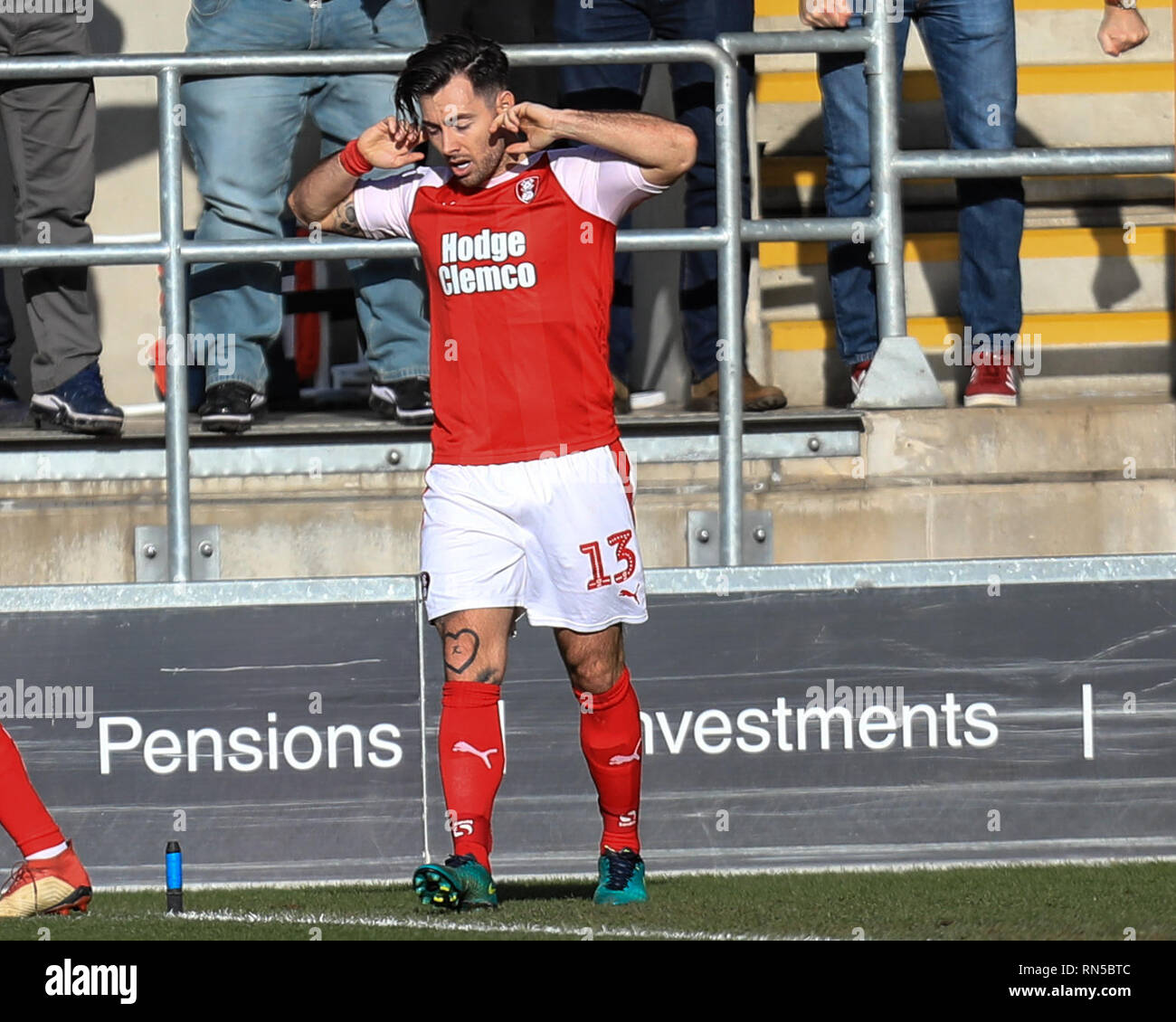 16th February 2019, New York Stadium, Rotherham, England; Sky Bet Championship Rotherham United vs Sheffield Wednesday ; Richie Towell (13) of Rotherham United celebrates his goal making it 2-1   Credit: John Hobson/News Images  English Football League images are subject to DataCo Licence Stock Photo