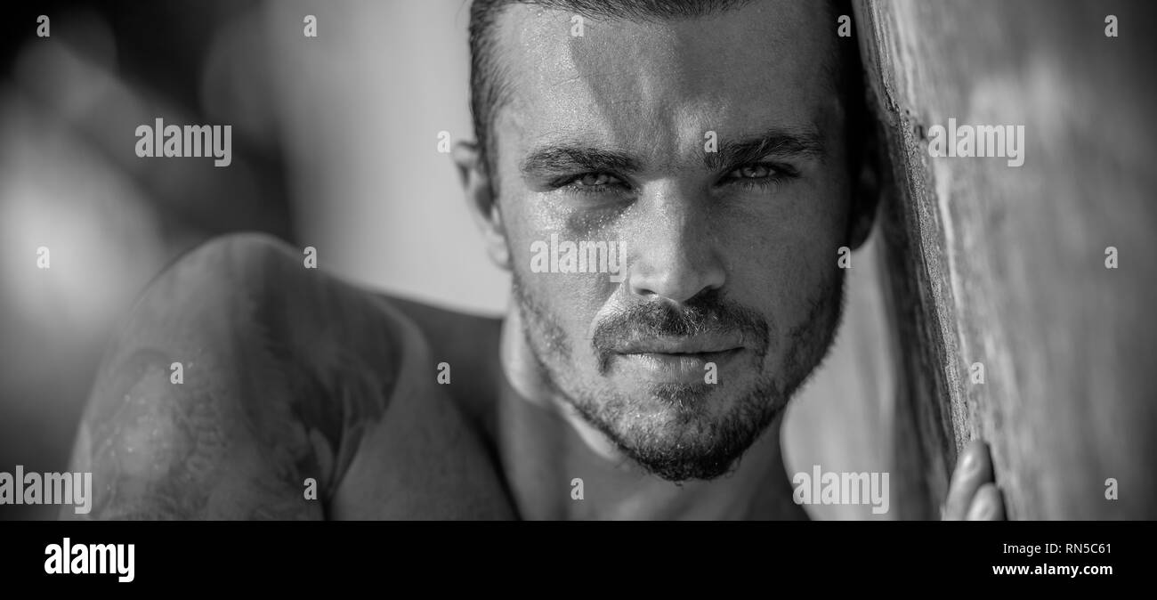 Handsome Caucasian Male Model Posing On The Beach wall Stock Photo