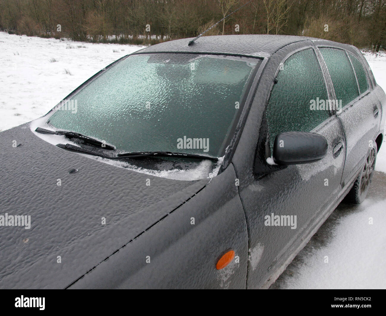 Freezing rain on a car, Cornwall, UK Stock Photo