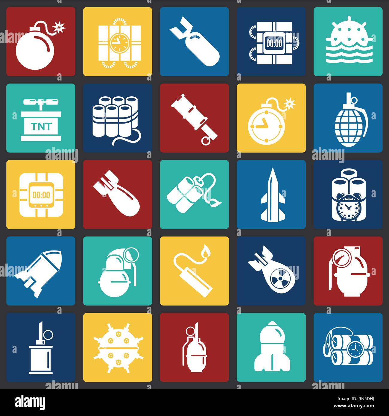 Bomb and weapon icons set on color squares background for graphic and ...
