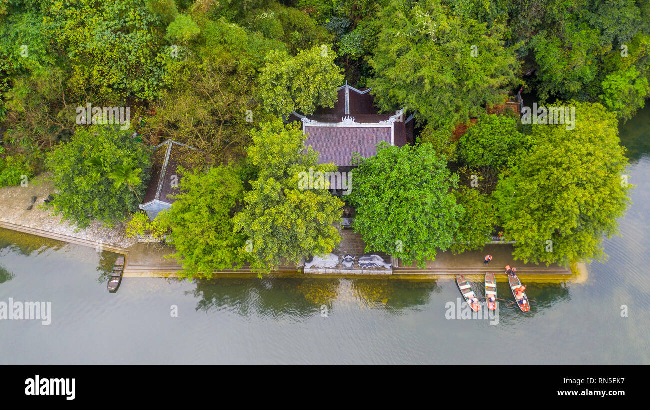Reached by boat tour, Đền Trình Temple, Ecotourism Trang An Boat Tour, Ninh Bình, Vietnam Stock Photo
