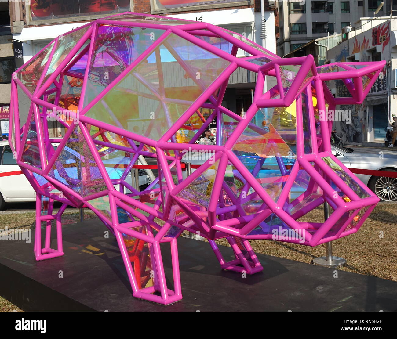 KAOHSIUNG, TAIWAN -- FEBRUARY 9, 2019: To celebrate the Chinese New Year of the Pig a modern pig public art display is on show at the Lantern Festival Stock Photo