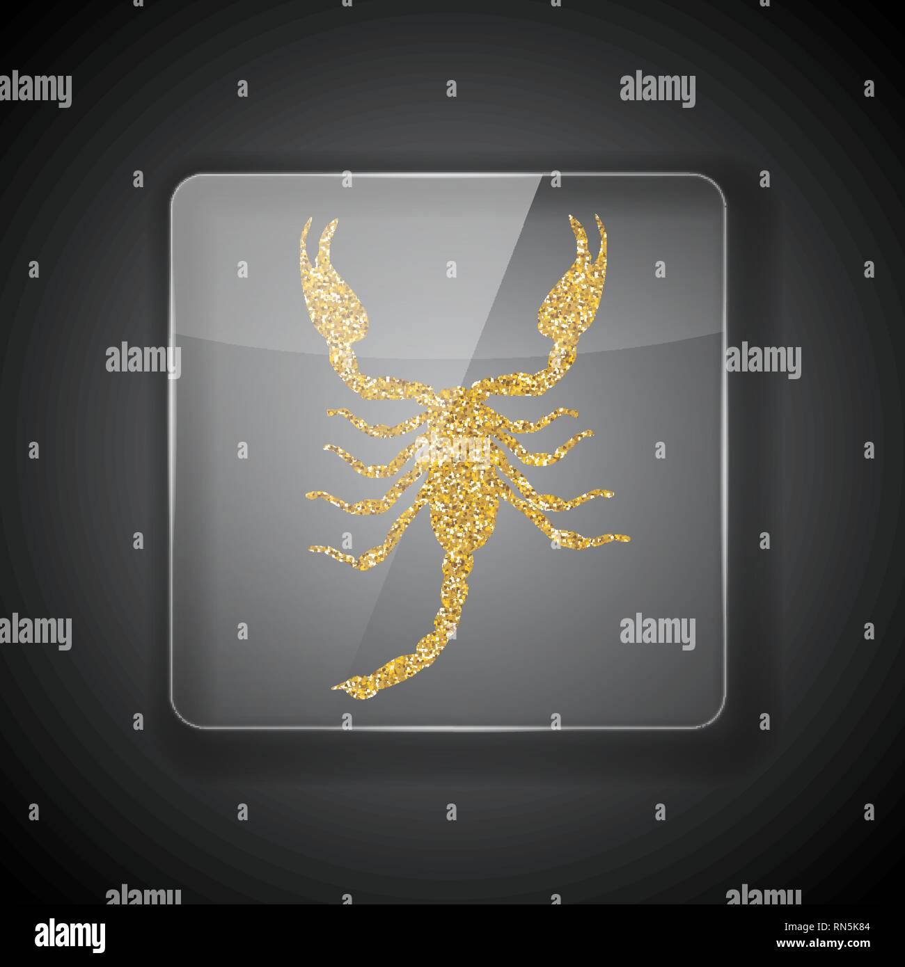Glass Frame on dark Background with bright golden silhouette of scorpion. Vector Illustration. EPS10 Stock Vector