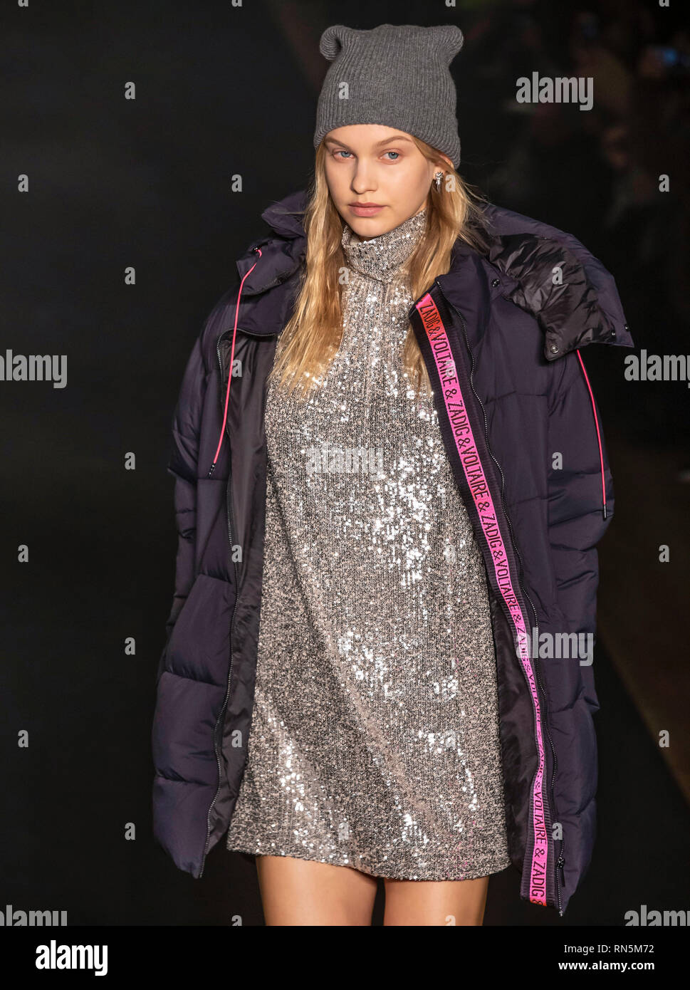 New York, New York - February 11, 2019: Lotta Kaijarvi walks the runway at Zadig & Voltaire Fall Winter 2019 Fashion Show at Park Avenue Armory Stock Photo