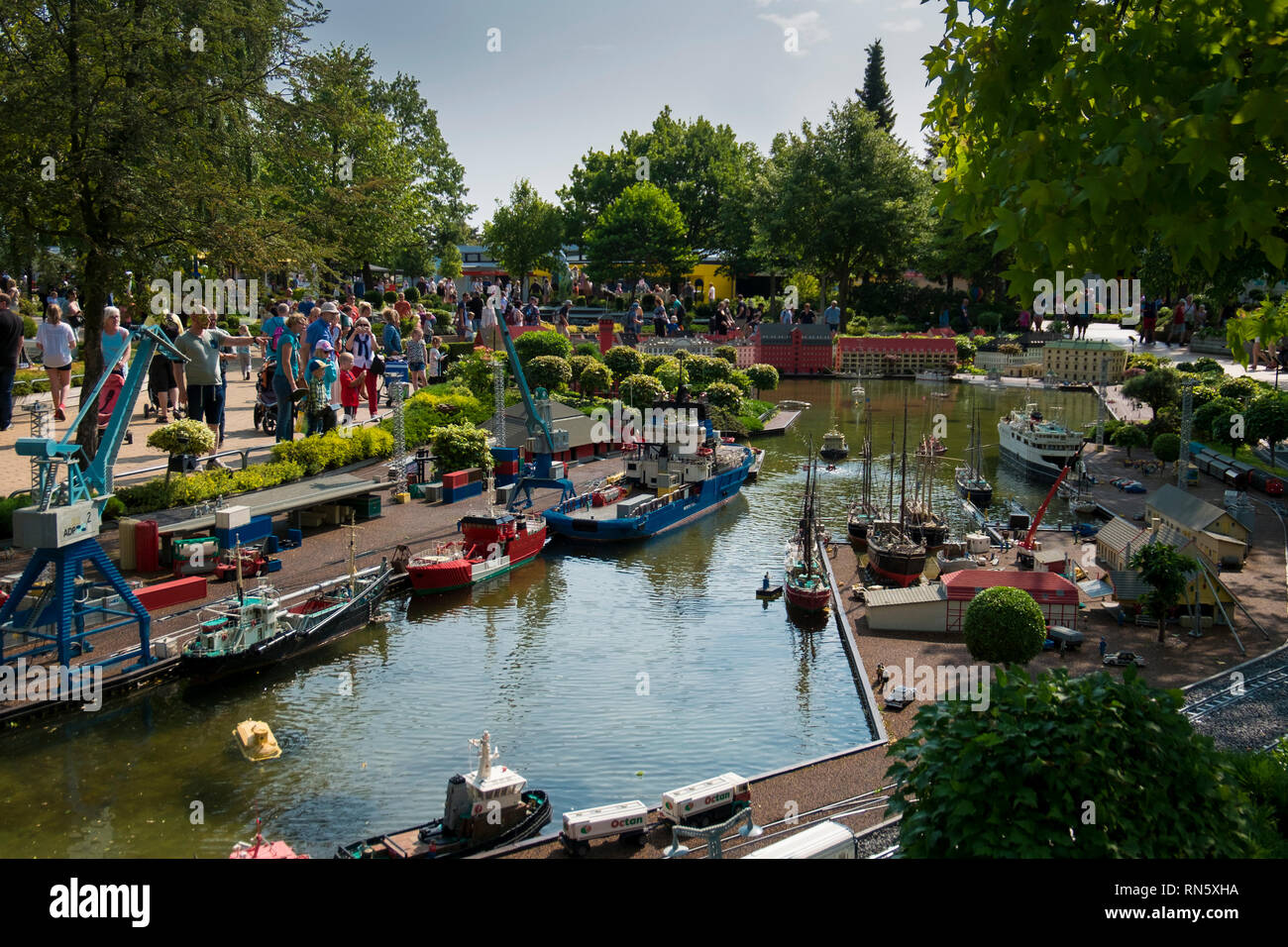 A commercial harbor and docks in Lego at Legoland Billund resort in Denmark. Stock Photo
