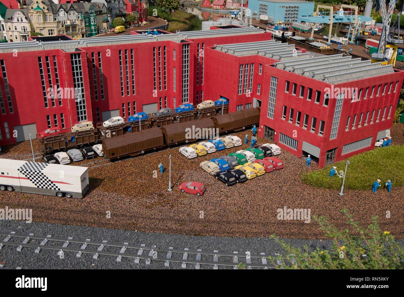 An automobile factory made of Lego and Lego cars at Legoland Billund resort in Denmark. Stock Photo