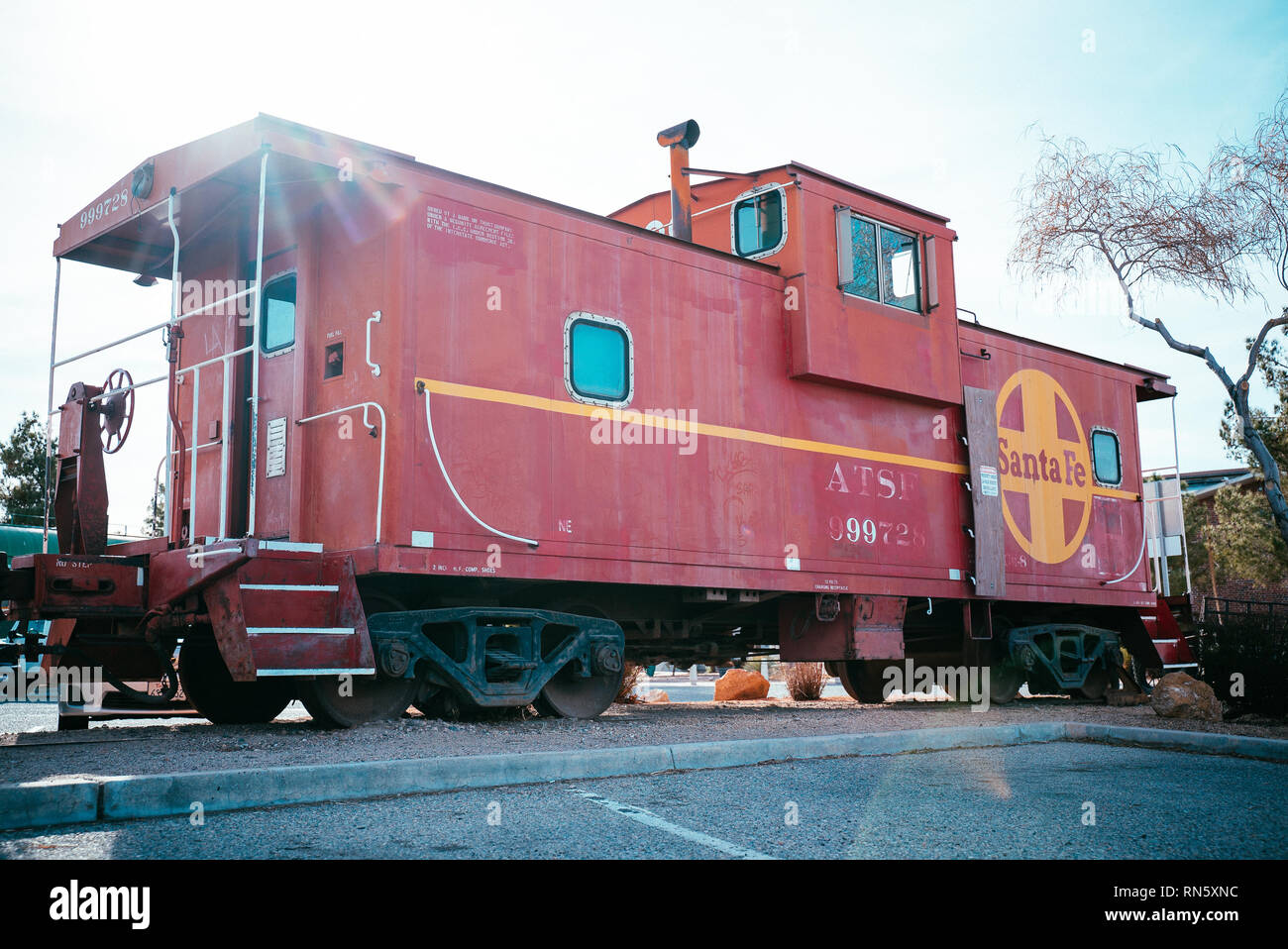 Barstow, California, USA - Santa Fe red Train at Western America Railroad Museum near Harvey House Railroad Depotis dedicated to history of railroadin Stock Photo